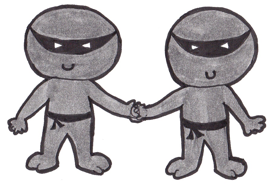 Two ninjas holding hands.