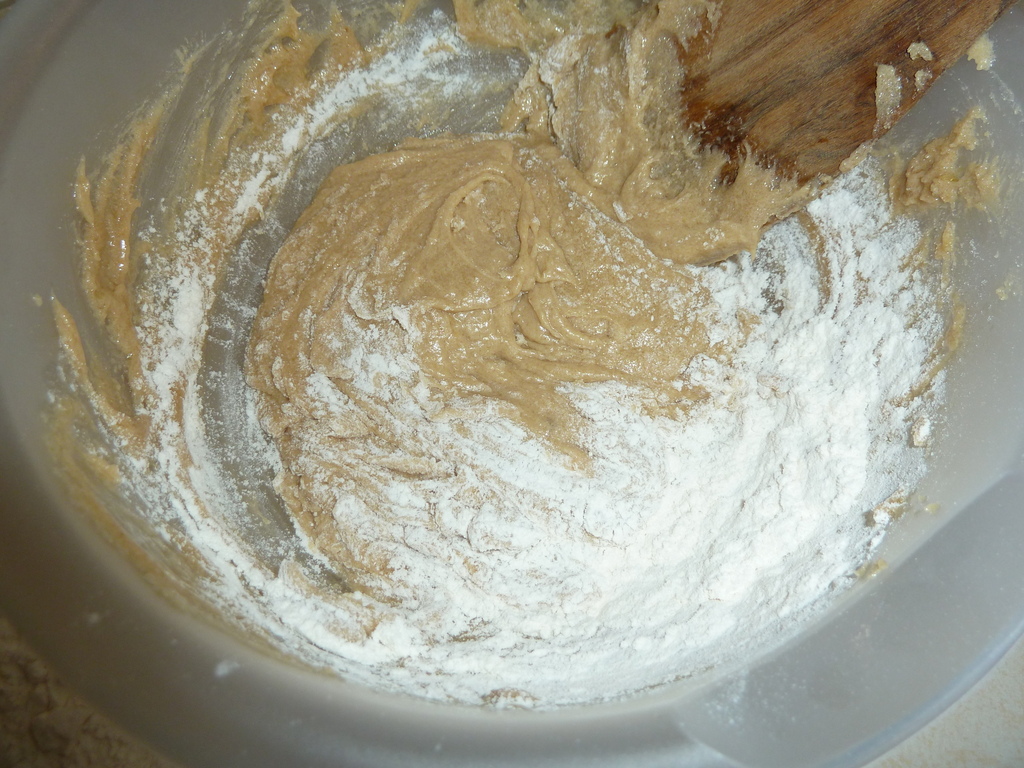 Mixing bowl with flour and batter