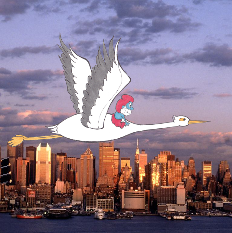 Papa Smurf flying on a stork over New York